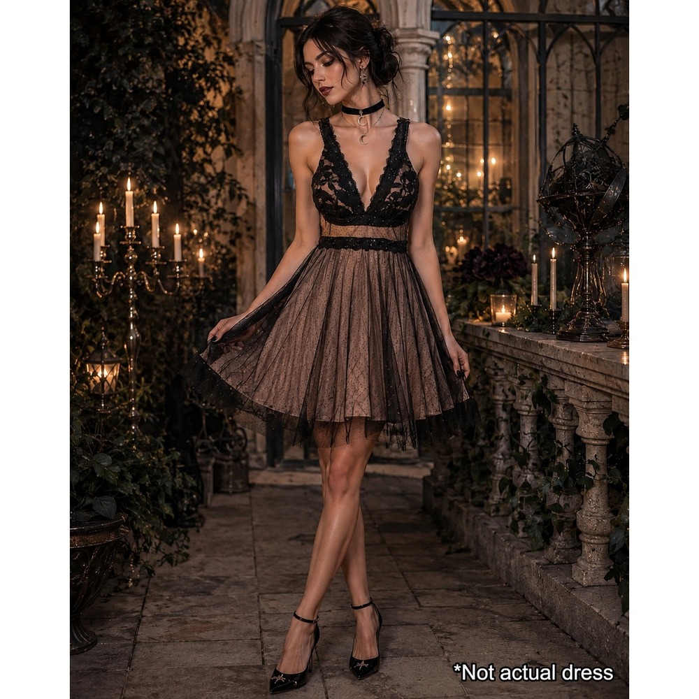 VTG Y2K Whimisgoth Babydoll Mesh Formal Mini Dress XS Black Nude Homecoming